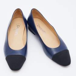 Chanel Blue/Black Leather and Fabric CC Cap Toe Ballet Flats Size 38