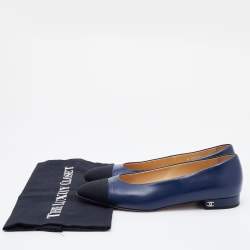 Chanel Blue/Black Leather and Fabric CC Cap Toe Ballet Flats Size 38