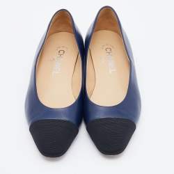 Chanel Blue/Black Leather and Fabric CC Cap Toe Ballet Flats Size 38