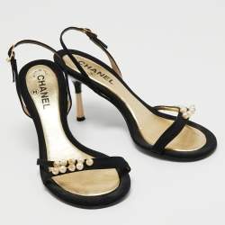 Pre Owned Chanel Black Canvas Pearl Embellished Slingback Sandals Size 39.5