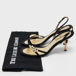 Pre Owned Chanel Black Canvas Pearl Embellished Slingback Sandals Size 39.5