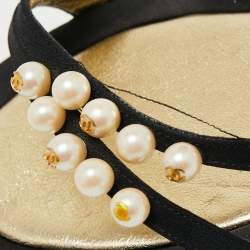 Pre Owned Chanel Black Canvas Pearl Embellished Slingback Sandals Size 39.5