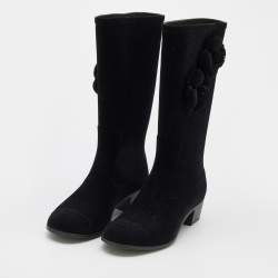 Chanel Black Velvet Camellia Calf Length Boots Size 36