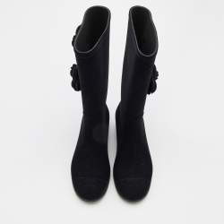 Chanel Black Velvet Camellia Calf Length Boots Size 36