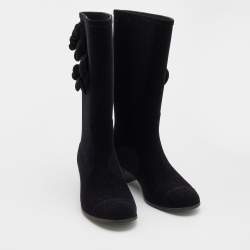 Chanel Black Velvet Camellia Calf Length Boots Size 36
