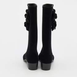 Chanel Black Velvet Camellia Calf Length Boots Size 36