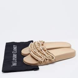 مملوكة مسبقًا Chanel Beige Leather and Fabric Chain Link Faux Pearl Slides Size 39 