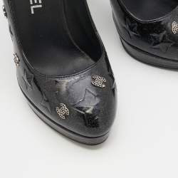 Pre Owned Chanel Black Glitter Star Embossed Patent Leather CC Embellished Pumps Size 36