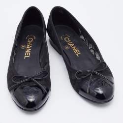 Chanel Black Lace and Patent Leather CC Bow Cap Toe Ballet Flats Size 35.5