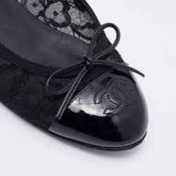 Chanel Black Lace and Patent Leather CC Bow Cap Toe Ballet Flats Size 35.5
