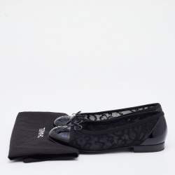 Chanel Black Lace and Patent Leather CC Bow Cap Toe Ballet Flats Size 35.5