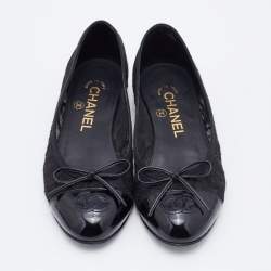 Chanel Black Lace and Patent Leather CC Bow Cap Toe Ballet Flats Size 35.5
