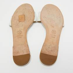 Chanel White Texture Leather Camellia Embellished CC Flat Slides Size 38.5