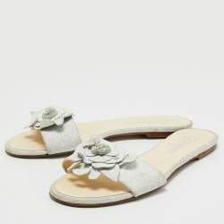 Chanel White Texture Leather Camellia Embellished CC Flat Slides Size 38.5
