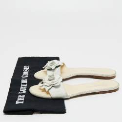 Chanel White Texture Leather Camellia Embellished CC Flat Slides Size 38.5