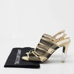 Chanel Gold/Black Mesh and Leather Open Toe Slingback Sandals Size 37