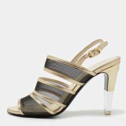 Chanel Gold/Black Mesh and Leather Open Toe Slingback Sandals Size 37