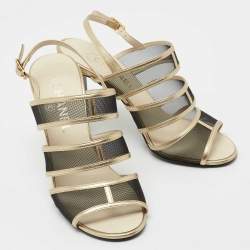 Chanel Gold/Black Mesh and Leather Open Toe Slingback Sandals Size 37