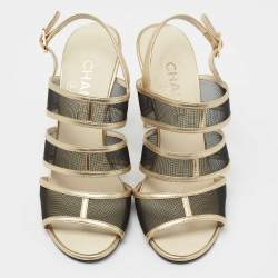 Chanel Gold/Black Mesh and Leather Open Toe Slingback Sandals Size 37