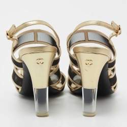 Chanel Gold/Black Mesh and Leather Open Toe Slingback Sandals Size 37