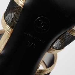 Chanel Gold/Black Mesh and Leather Open Toe Slingback Sandals Size 37