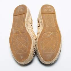 Pre Owned Chanel Black/Beige Jute And Canvas CC Cap Toe Espadrilles Flats Size 38