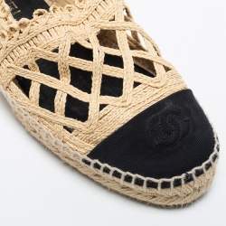 Pre Owned Chanel Black/Beige Jute And Canvas CC Cap Toe Espadrilles Flats Size 38