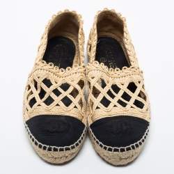 Pre Owned Chanel Black/Beige Jute And Canvas CC Cap Toe Espadrilles Flats Size 38