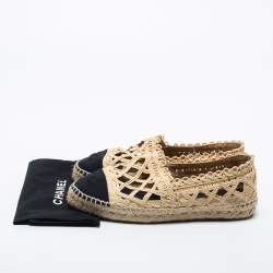 Pre Owned Chanel Black/Beige Jute And Canvas CC Cap Toe Espadrilles Flats Size 38