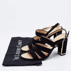 Chanel Black Suede Block Heel Ankle Strap Sandals Size 37.5