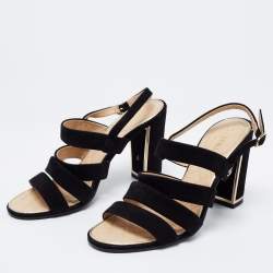 Chanel Black Suede Block Heel Ankle Strap Sandals Size 37.5