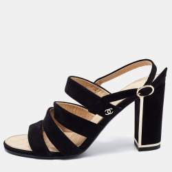 Chanel Black Suede Block Heel Ankle Strap Sandals Size 37.5
