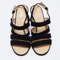 Chanel Black Suede Block Heel Ankle Strap Sandals Size 37.5