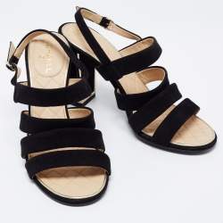 Chanel Black Suede Block Heel Ankle Strap Sandals Size 37.5