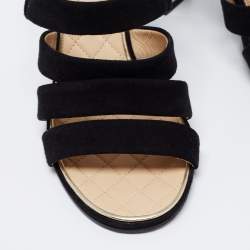 Chanel Black Suede Block Heel Ankle Strap Sandals Size 37.5