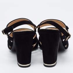 Chanel Black Suede Block Heel Ankle Strap Sandals Size 37.5