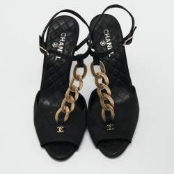 Chanel Black Fabric Chain Link T Strap Sandals Size 39.5
