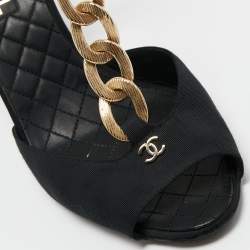 Chanel Black Fabric Chain Link T Strap Sandals Size 39.5