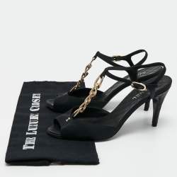 Chanel Black Fabric Chain Link T Strap Sandals Size 39.5