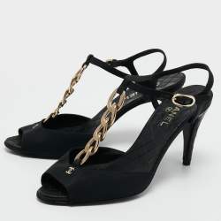 Chanel Black Fabric Chain Link T Strap Sandals Size 39.5