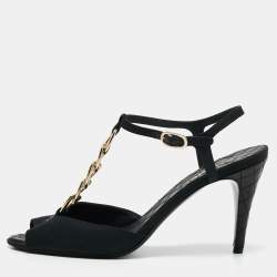 Chanel Black Fabric Chain Link T Strap Sandals Size 39.5