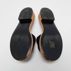 Chanel Black Tweed And Leather Chain Link Cork Slides Size 39.5
