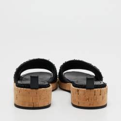 Chanel Black Tweed And Leather Chain Link Cork Slides Size 39.5