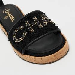 Chanel Black Tweed And Leather Chain Link Cork Slides Size 39.5