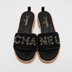 Chanel Black Tweed And Leather Chain Link Cork Slides Size 39.5