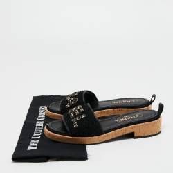 Chanel Black Tweed And Leather Chain Link Cork Slides Size 39.5