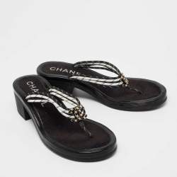 Pre Owned Chanel Black/White Rope CC Thong Sandals Size 39