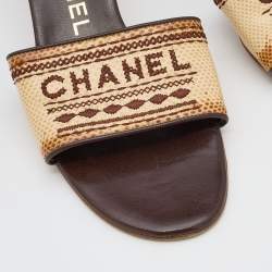 Chanel Beige/Brown Karung Logo Embroidered Slide Sandals Size 38