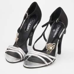 Chanel Black/Silver Satin and Karung Embellished Ankle Strap Sandals Size 39.5
