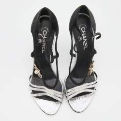 Chanel Black/Silver Satin and Karung Embellished Ankle Strap Sandals Size 39.5